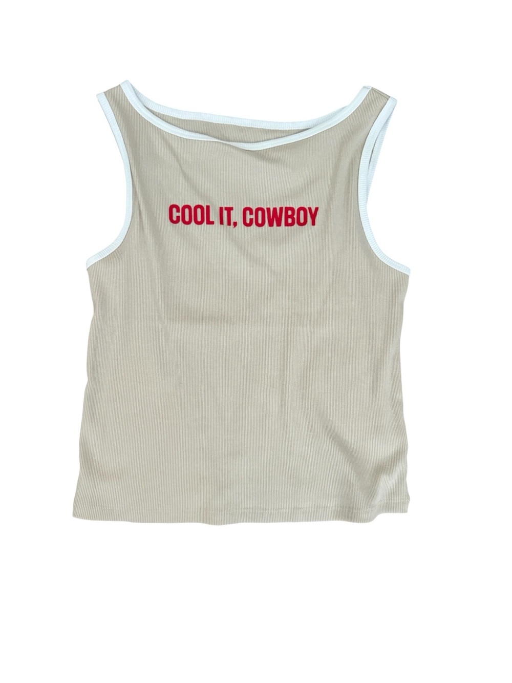 NWOT Beige Tank Top with Red "COOL IT, COWBOY" Text